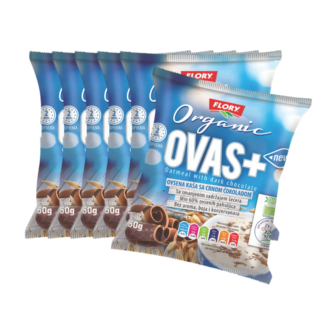 OVAS+, BIO ovsena kaša s temno čokolado, 50g, 5 + 1 gratis