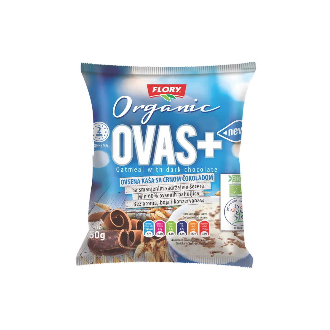 OVAS+, BIO ovsena kaša s temno čokolado, 50g