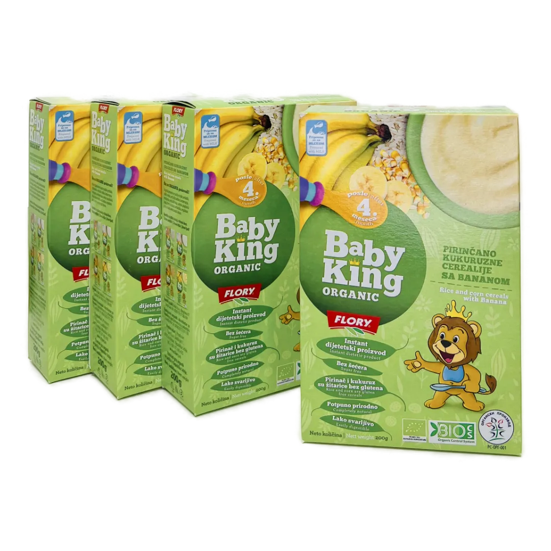 BIO BABY KING Riževi & koruzni kosmiči z banano, 200g, 3 + 1 gratis