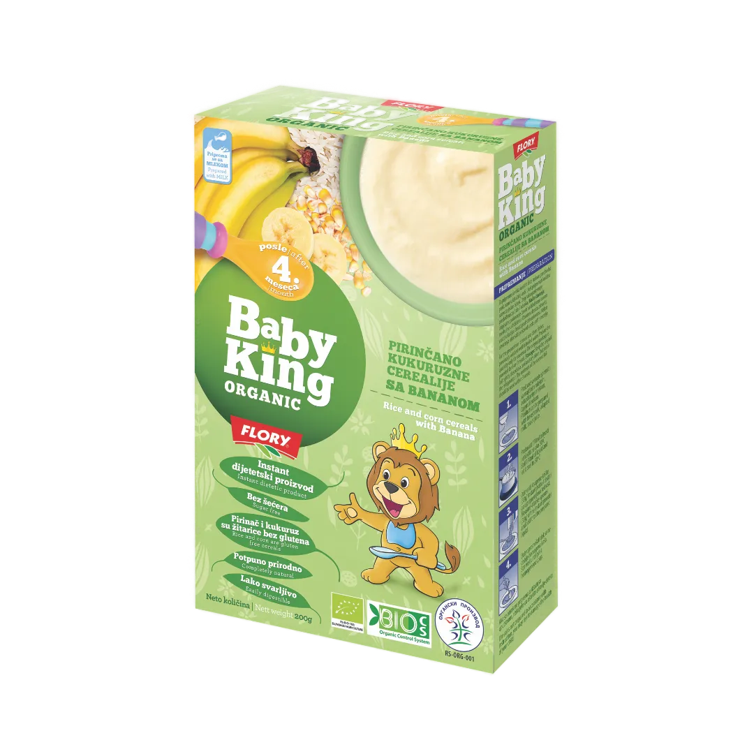 BIO BABY KING Riževi & koruzni kosmiči z banano, 200g